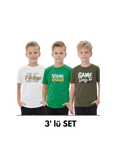 Panios Kids 3'lü Yuvarlak Yakalı Baskı Detaylı Basic 3 Parça Erkek Çocuk Tişört Beyaz - Yeşil