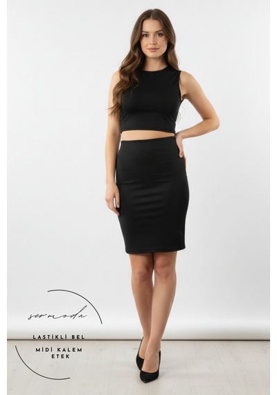 Sermoda Kalem Etek - Bel Lastikli Slim Fit Midi Kalem Etek Ks Siyah Us Siyah