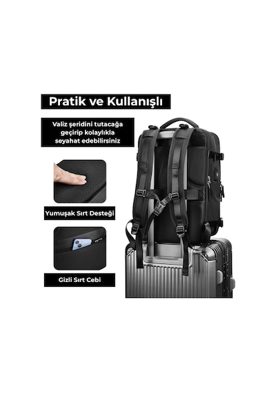 Su Geçirmez 16" İnç 30l Ayakkabı Bölmeli Seyahat Sırt Çantası - Laptop Bölmeli, Usb Şarj Girişli Siyah