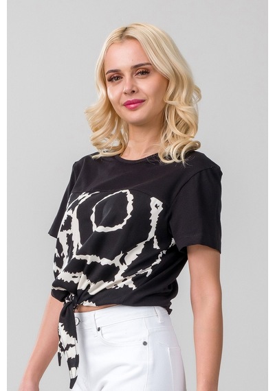 Kadın Bağlamalı Baskılı Viskon Kombinli Likralı Örme Kumaş Sıfır Yaka Tshirt Siyah Kadın Bağlamalı Baskılı Viskon Kombinli Likralı Örme Kumaş Sıfır Yaka Tshirt Siyah
