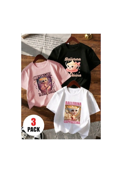Stil-x Cappuccıno Ballerına Baskılı, 3' Lü Takım Kız Çocuk Tshirt, Çok Renkli, %100 Pamuk Çok Renkli Stil-x Cappuccıno Ballerına Baskılı, 3' Lü Takım Kız Çocuk Tshirt, Çok Renkli, %100 Pamuk Çok Renkli