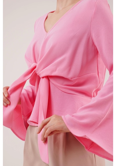 Defymoda Ön Bağlamalı Volan Kol Pembe Bluz Pembe