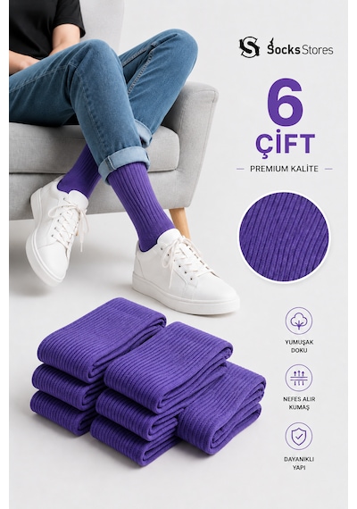 Socks Stores 6 Çift Unisex Renkli Pamuklu Soket Çorap - Renkli Tenis Boy Çorap Mor