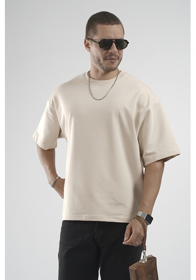 King Brich Oversize Kalıp Basic %100 Pamuklu Erkek Tişört Bej