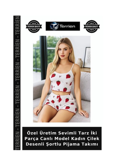 Terrien Özel Üretim Sevimli Tarz İki Parça Canlı Model Kadın Çilek Desenli Şortlu Pijama Takımı Pembe