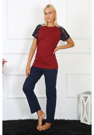 Akbeniz Kadın Kolu Dantelli Penye Pijama Takım 4149 - L Bordo