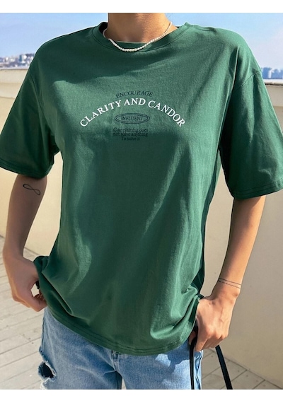 Flood Of Style Kadın Nefti Yeşil Clarity And Candor Baskılı Oversize T-shirt