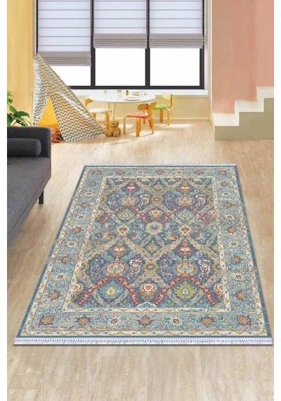 Mavi Çerçeveli Dokuma Pamuk Taban Kaymaz Kilim Klm244n11