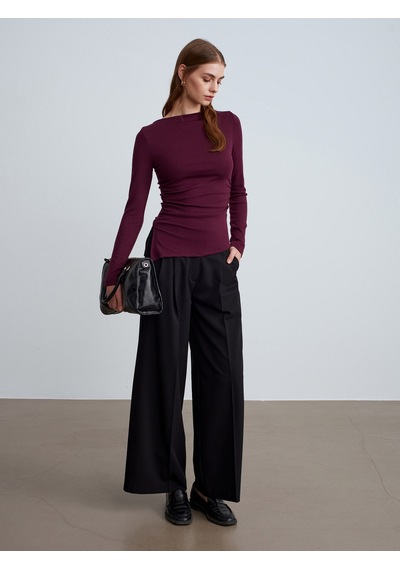 Dilvin 32198 Kayık Yaka Büzgülü Top-bordo Bordo