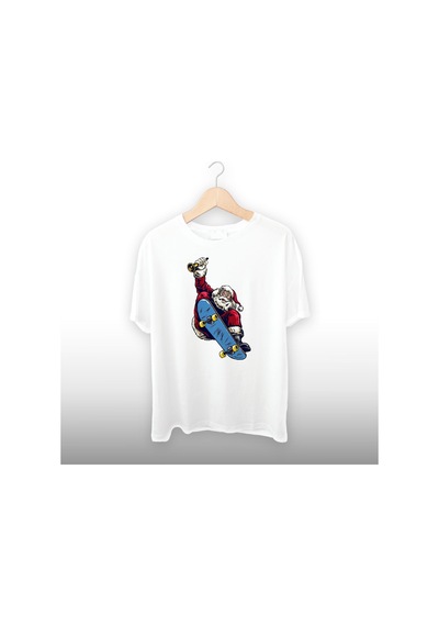 Noel Baba Kaykay Detaylı Unisex Tişört Beyaz