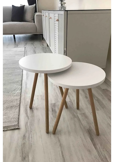 2'li Zigon Sehpa Seti Saksılık Ve Çiçeklik Standı, Dekoratif Yan Sehpa Ahşap Ayaklı 33 Cm Çap - Beyaz Beyaz
