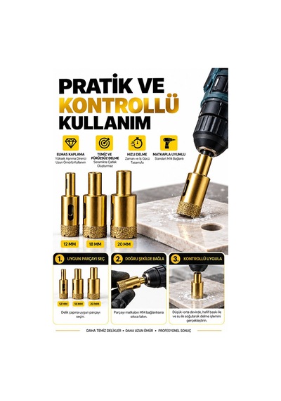 Seramik Delme Pançı 3 Lü Set 12-18-20 Mm Elmas Kaplama M14 Uyumlu