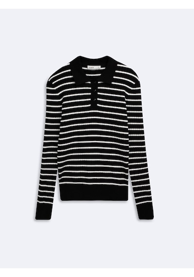 LTB Slim Fit Yaka Detaylı Çizgili Siyah Kazak