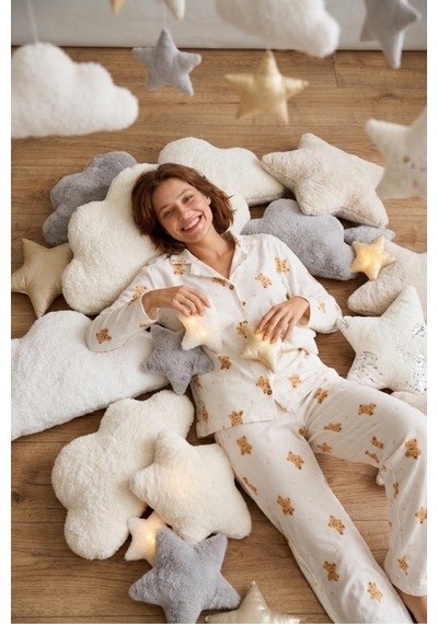 Fit Women Kadın Gömlek Yaka Düğmeli Gece Giyimi Beyaz Pijama Takımı