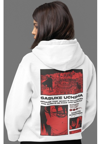 Sevbano Sasuke Uchiha Naruto Anime Sırt Baskılı Unisex Oversize Penye Hoo beyaz
