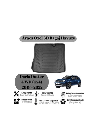Dacia Duster 4 Wd 4x4 2018 2019 2020 2021 2022 İle Uyumlu Bagaj Havuzu Paspası Kokusuz A+ Kalite 1 Adet