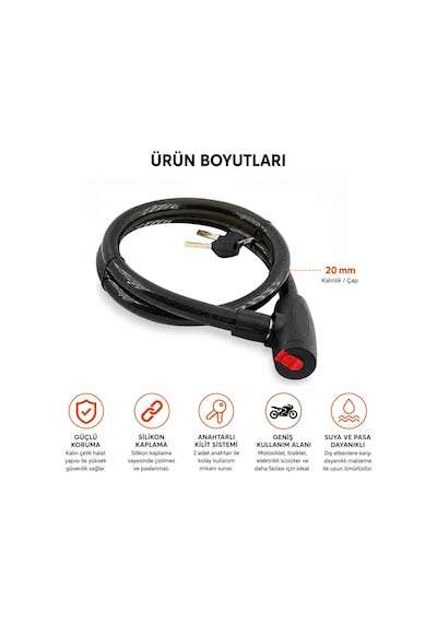 Orret Home 120 Cm Çelik Halat Motorsiklet Kilidi Bisiklet Kilidi Silikon Kaplamalı Güvenlik Kilidi Anahtarlı Kablo K Çok Renkli