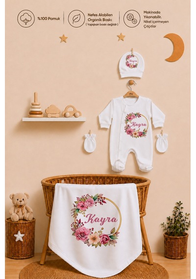 Pia Baby Kız Bebek %100 Pamuk Hediye Seti 6 Lı İsimli Keseli Tulum Şapka Eldiven Battaniye Ve Yastık Kılıfı 1072tybk0x Krem