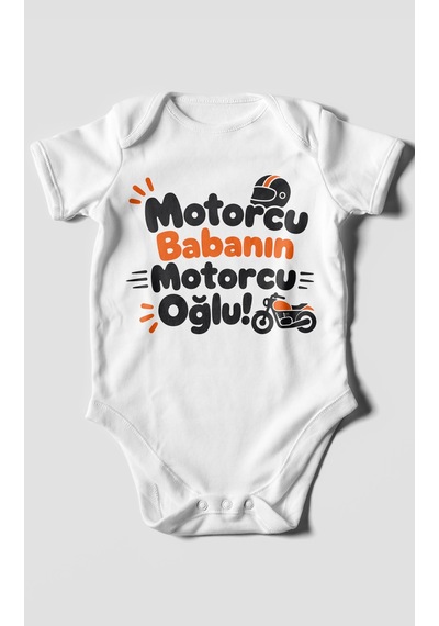 Morivokids Motorcu Babanın Motorcu Oğlu Kısa Kollu Bebek Body %100 Pamuk Beyaz