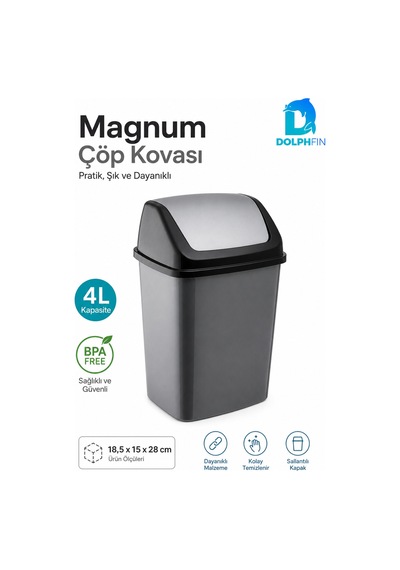 Magnum 4 Litre Sallanır Kapaklı Mini Çöp Kovası Banyo Mutfak Ofis Antrasit Siyah