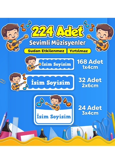 Sevimli Müzisyen Temalı Okul Kreş Kişiye Özel İsim Etiket Seti - Model 501 Çok Renkli