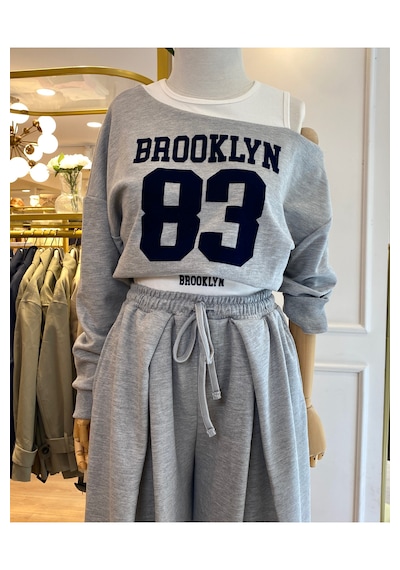 Extra Wide Ekstra Geniş Paçalı Bağcıklı Eşofman Alt Ve Düşük Omuz İki Parçalı Atletli Eyalet Abd Usa Yazı Baskılı 2 Parça Görünümlü Uzun Kol Sweatshirt Spor Mevsimlik Kadın Takım Gri