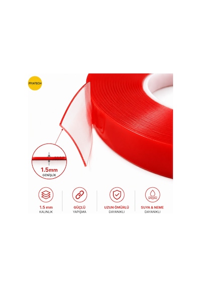 Kırmızı Şeffaf Çift Taraflı Silikon Bant 1.5 Mm X 50 Metre Güçlü Montaj Bandı