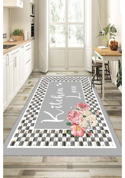 Gri Kaymaz Tabanlı Kitchen Love Mutfak Halısı Yolluk Vh094n11