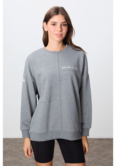 Tommy Life Gri Melanj Kompakt Pamuklu Kalın Pürüzsüz Dokulu O Yaka Oversize Fit Kadın Sweatshirt - 97288 Gri Melanj