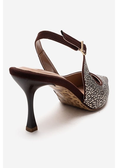 Luvishoes Johanna Kahverengi Altın Taşlı Kadın Topuklu Ayakkabı Kahverengi