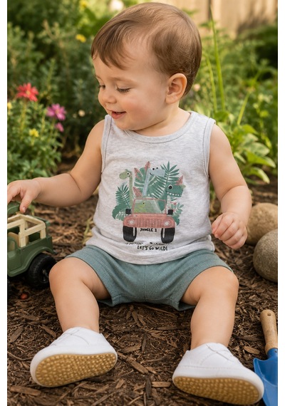 Babyhola Erkek Bebek Pamuk Atlet Şort Takım Yazlık Dinozor Desenli 2 Li Takım 3562 Yeşil
