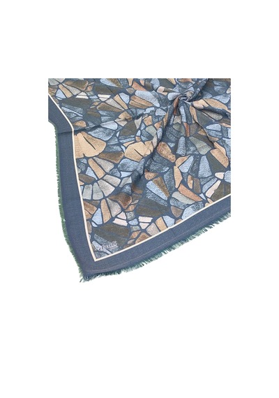 Mim Eşarp Ebruli Kışlık Desenli Eşarp 95x95 Cm Petrol Mavi - Krem