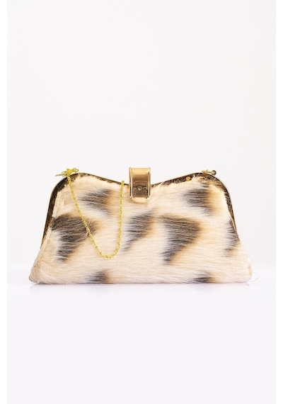 Keyifli Moda Kadın Bej Desenli Suni Kürk Zincirli El Ve Omuz Clutch Portföy Çanta - Bej