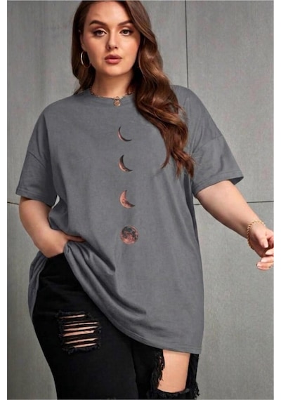 Moon Kadın Büyük Beden Battal Baskılı Bisiklet Yaka Pamuklu T-shirt Rahat Kesim Unisex Sevgili Kombini Gri
