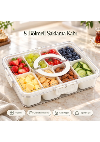 Tilbe Home 8 Bölmeli Taşınabilir Kilit Kapaklı Saklama Kabı Kahvaltılık Organizer Piknik Seti Gıda K Beyaz