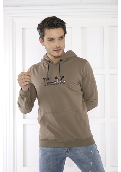 Escetic Spor Erkek Haki Cepli, Kapüşonlu Sweatshirt-4171