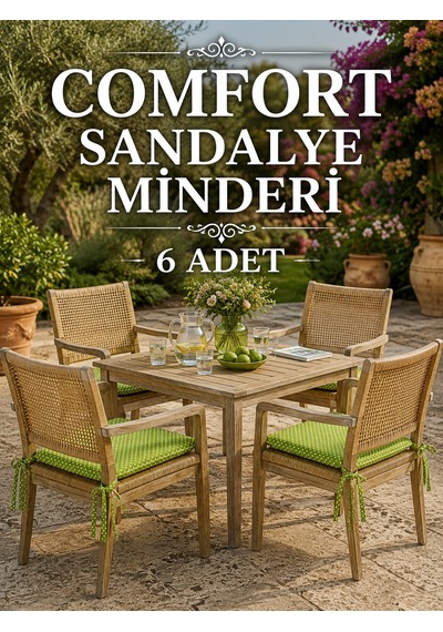 Comfort 6 Adet Sandalye Minderi Bağcıklı Özel Dikişli Süngerli Pamuklu Kumaş Sandalye Minderi Puanlı Yeşil