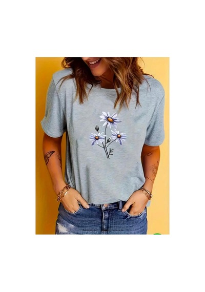 Medinenur Papatya Desenli Basic T-shirt Gri