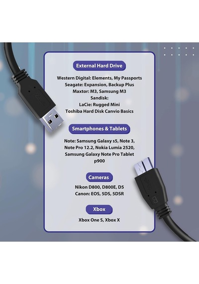Western Digital Wd/seagate/elements/toshiba/my Passport/samsung Galaxy S5 M3 1tb/hitachi/xbox/ps4 İçin Taşınabilir Sabit Disk İçin Usb 3.0 A - Micro B Harici Sabit Sürücü Kablosu - Siyah 50cm