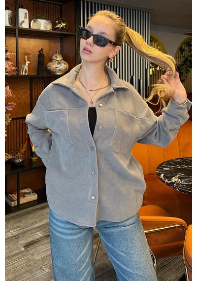 Madmext Gri Cep Detaylı Kadın Gömlek Mg2241 Gri