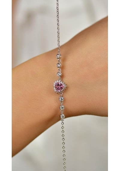 Roza Silver Pembe Taşlı Rodyum Kalp Anturaj Gümüş Bileklik