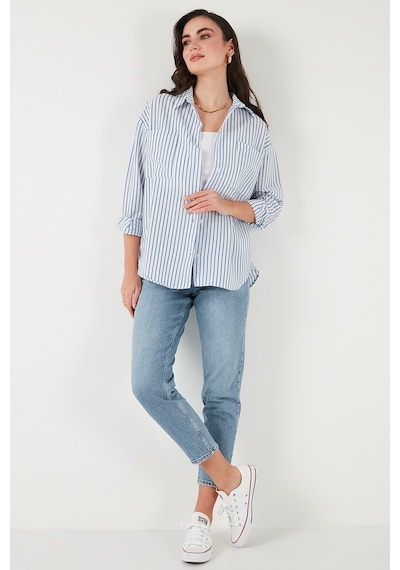 Lela Regular Fit Uzun Kollu Çizgili Bayan Gömlek 6772875 Indigo