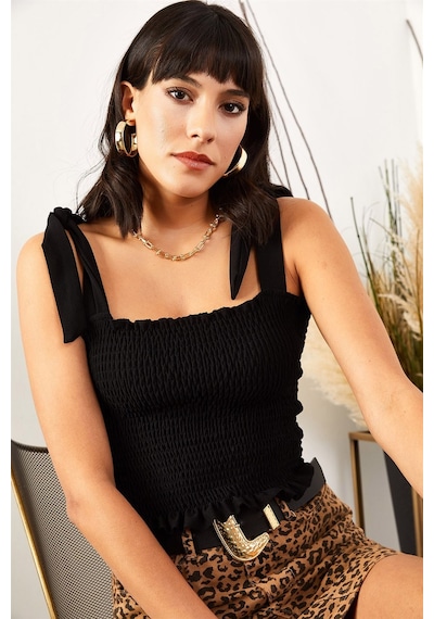 Aqe Fashion Kadın Siyah Askılı Crop Bluz Siyah