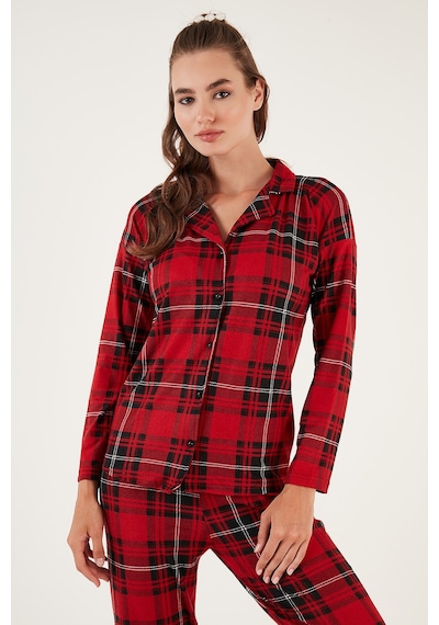 Lela Desenli Beli Lastikli Gömlek Yaka Dokuma Bayan Pijama Takımı 6095660W4 Kırmızı-Siyah