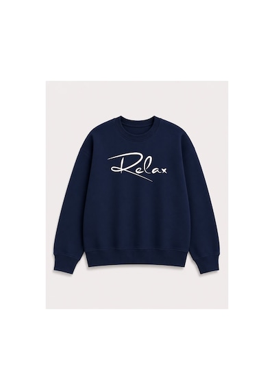 Herkesemoda Relax Yazılı Baskı Detaylı Şardonlu 2 İplik Bisiklet Yaka Sweatshirt Lacivert