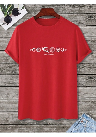 Space Created T-shirt - Kırmızı Baskılı Oversize Bisiklet Yaka Kısa Kol Tişört Kırmızı