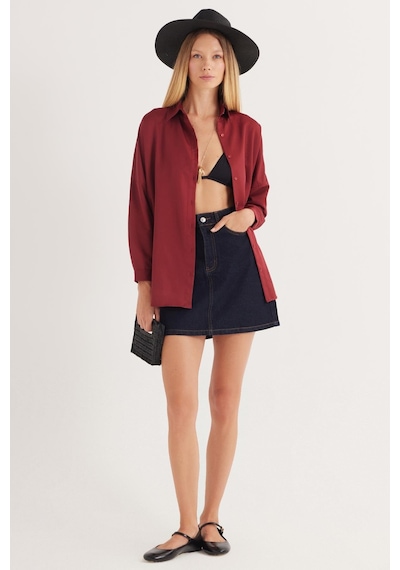 Tudors Kadın Oversize Rahat Kesim Spor Yaka Uzun Kollu Basic Düz Bordo Gömlek-36830 Bordo