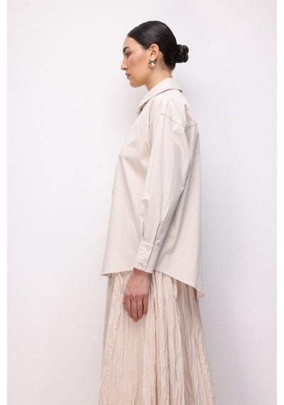 Mizalle Pamuklu Bej Rengi Oversize Gömlek Bej