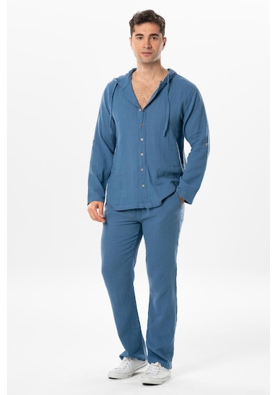 Uzun Kol Erkek Kapüşonlu Yazlık Müslin Sweatshirt İndigo İndg-indigo İndigo