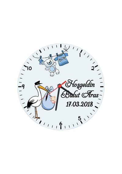 Biresimden-Hediye Hoşgeldin Erkek Bebek Hediyesi Cam Duvar Saati